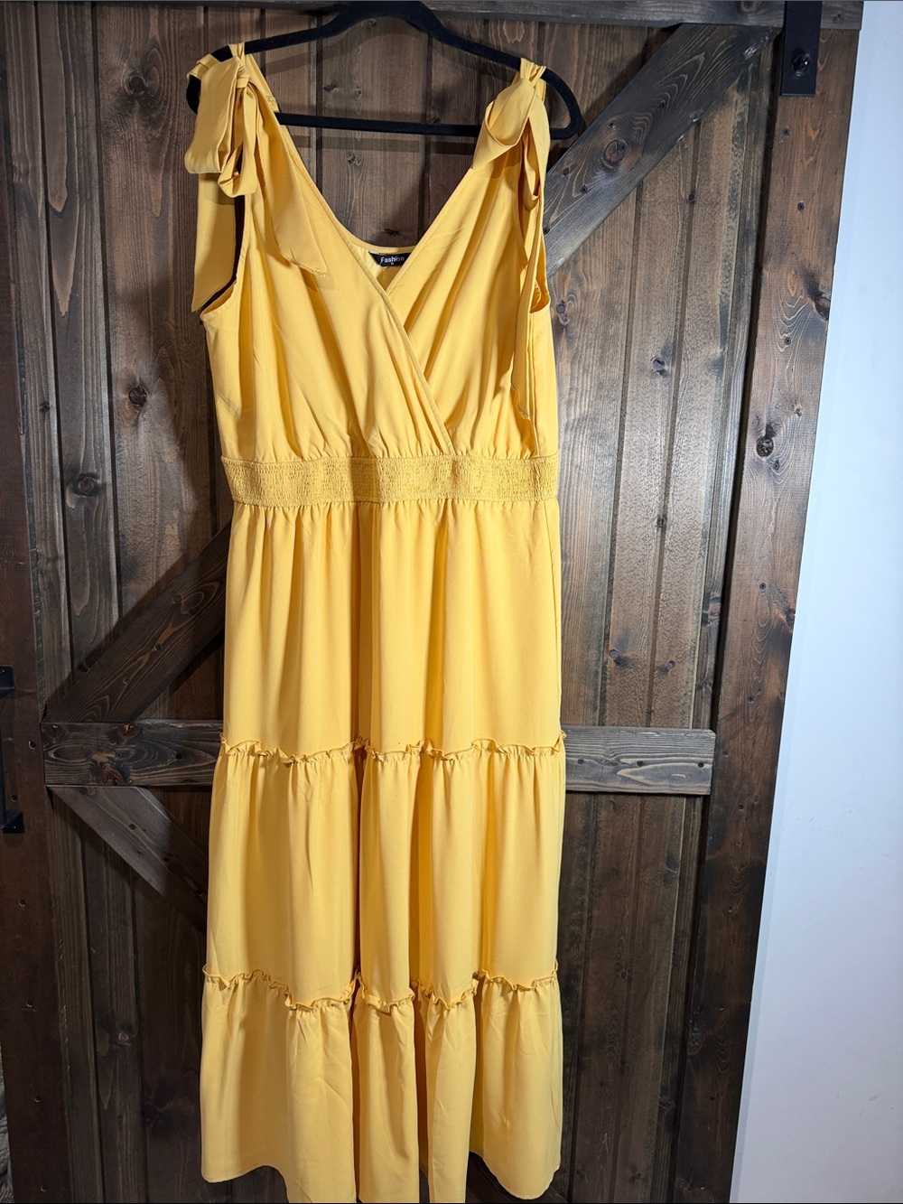 Source Unknown Yellow Tie-Shoulder Tiered Maxi Dress